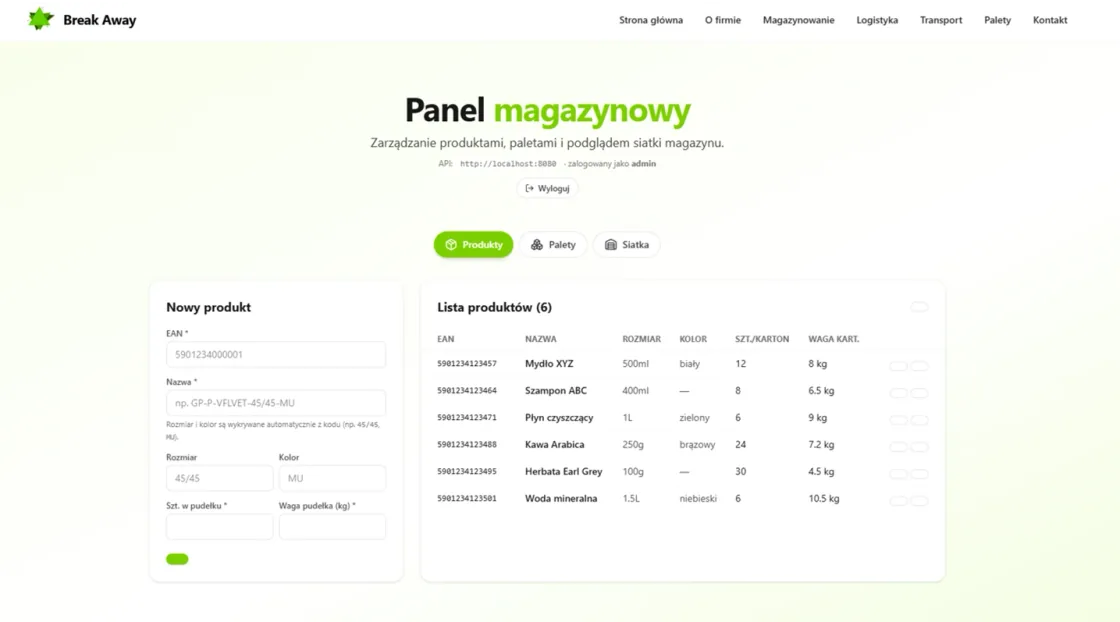 Panel magazynowy BaseCore przygotowany dla firmy Break Away